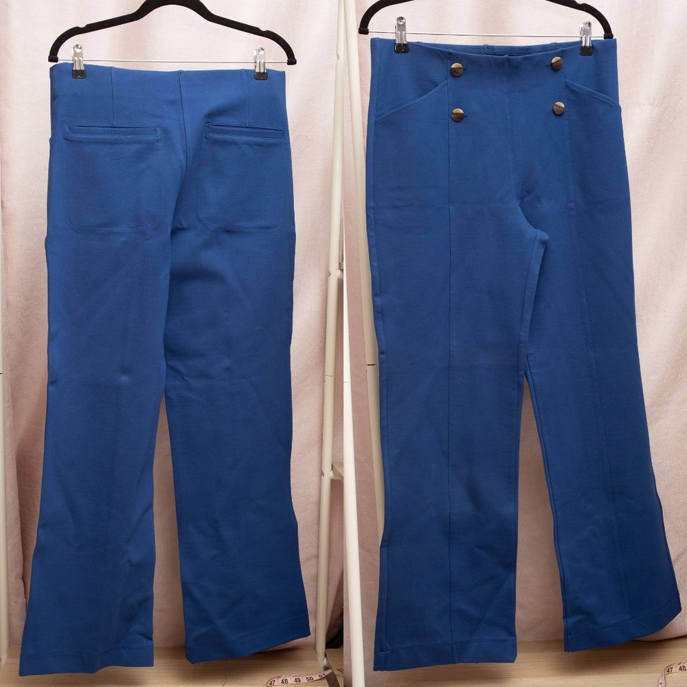 Blue Stretchy Yoga Dress Pants Leggings Straight Leg with Gold Buttons decor  XL